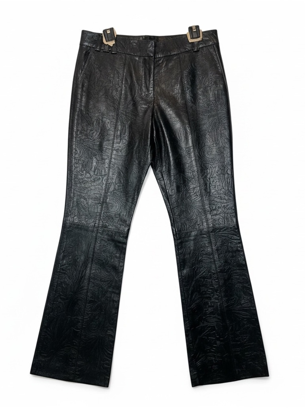 Poleci Embossed Leather Pants Black Low Rise Straight Leg NWOT XS/S